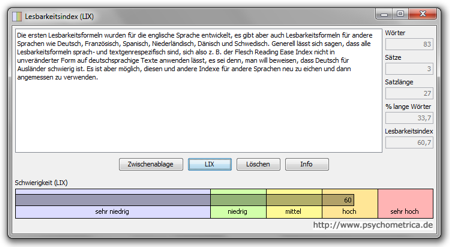 Screenshot des Programms zur Ermittlung des Lesbarkeitsindex LIX